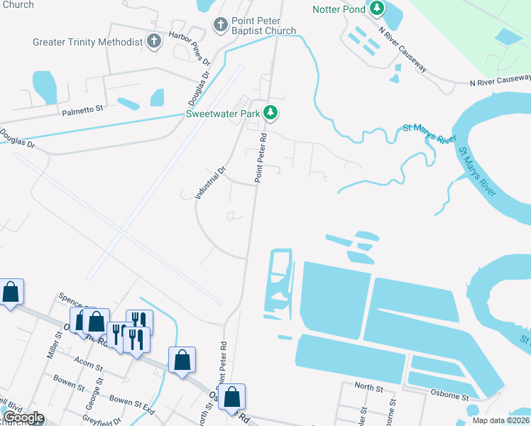 map of restaurants, bars, coffee shops, grocery stores, and more near 404 Point Peter Road in St. Marys