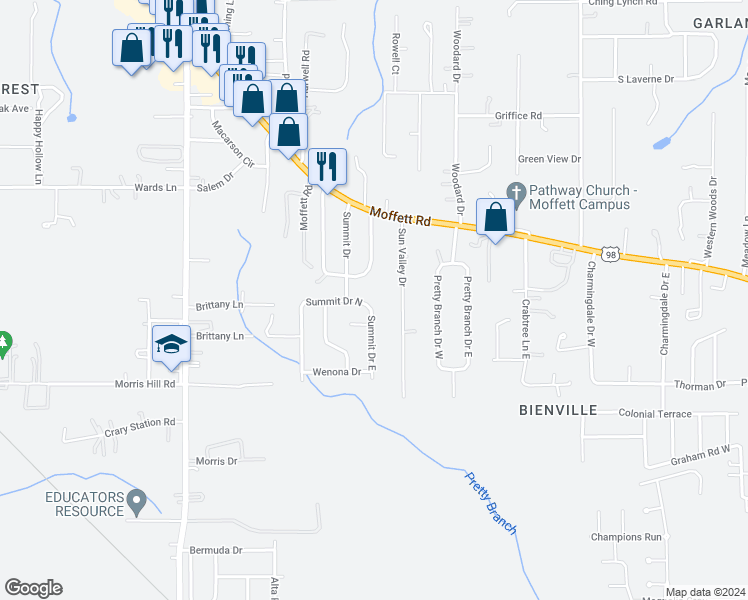 map of restaurants, bars, coffee shops, grocery stores, and more near 7460 Summit Drive North in Mobile