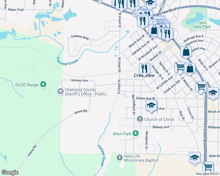map of restaurants, bars, coffee shops, grocery stores, and more near 1050 Martin Luther King Junior Avenue in Crestview
