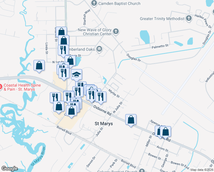map of restaurants, bars, coffee shops, grocery stores, and more near 500 Chateau Circle in St. Marys