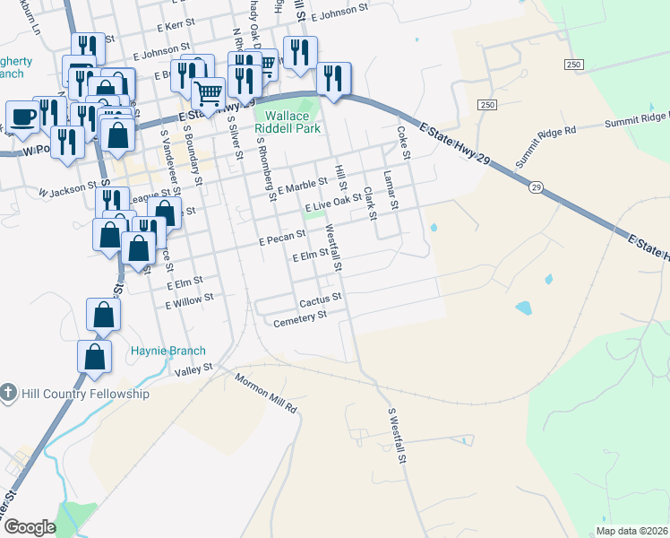 map of restaurants, bars, coffee shops, grocery stores, and more near 808 East Willow Street in Burnet