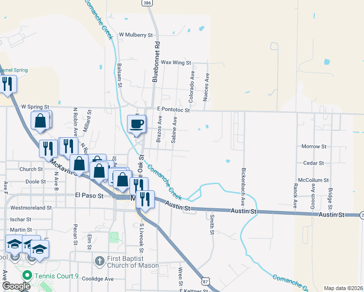 map of restaurants, bars, coffee shops, grocery stores, and more near 216 West Mesquite Street in Mason