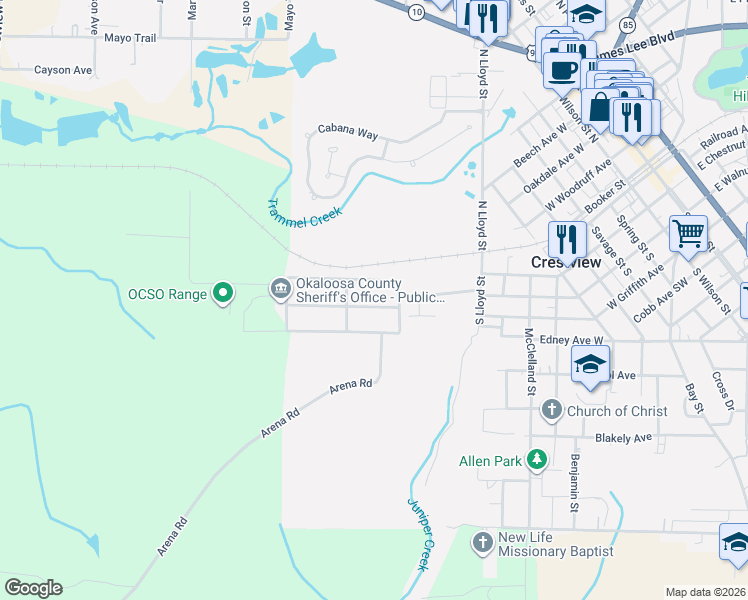 map of restaurants, bars, coffee shops, grocery stores, and more near 108 Oglesby Avenue in Crestview