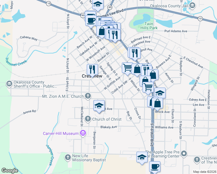 map of restaurants, bars, coffee shops, grocery stores, and more near 342 South Booker Street in Crestview