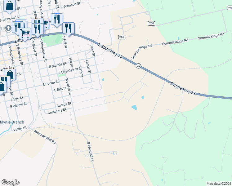 map of restaurants, bars, coffee shops, grocery stores, and more near 1209 East Pecan Street in Burnet
