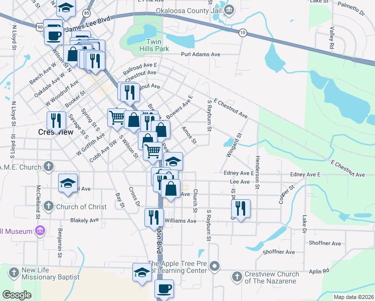 map of restaurants, bars, coffee shops, grocery stores, and more near 806 Brett Street South in Crestview