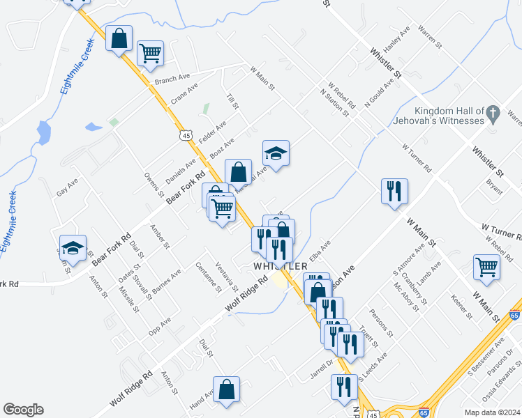 map of restaurants, bars, coffee shops, grocery stores, and more near 3421 Kay Street in Prichard