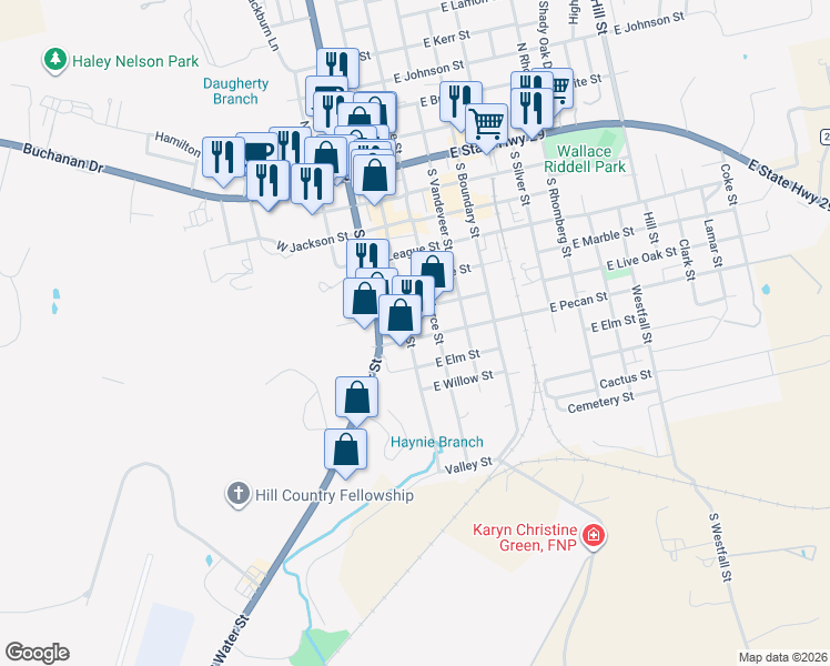 map of restaurants, bars, coffee shops, grocery stores, and more near 609 South Main Street in Burnet
