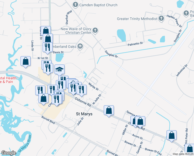 map of restaurants, bars, coffee shops, grocery stores, and more near 548 Chateau Circle in Saint Marys