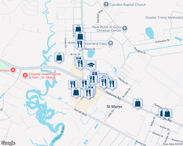 map of restaurants, bars, coffee shops, grocery stores, and more near 205 Martha Drive in St. Marys