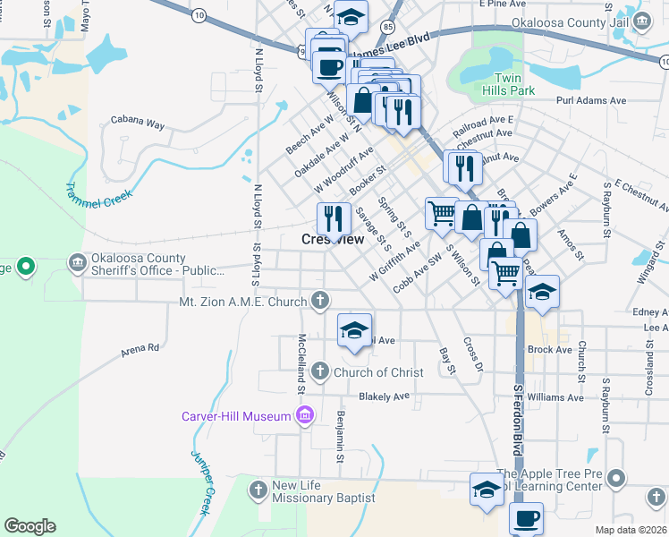 map of restaurants, bars, coffee shops, grocery stores, and more near 654 West Walnut Avenue in Crestview