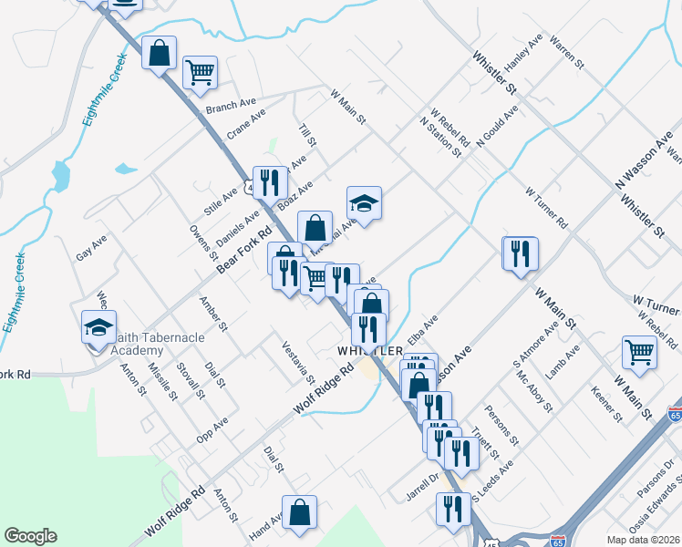 map of restaurants, bars, coffee shops, grocery stores, and more near 3425 Kay Street in Mobile