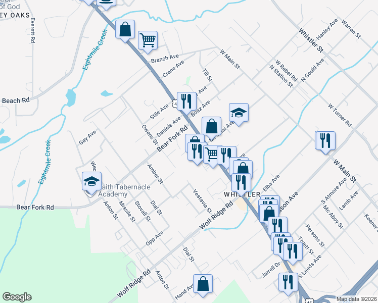 map of restaurants, bars, coffee shops, grocery stores, and more near 1638 Thomas Lane in Mobile