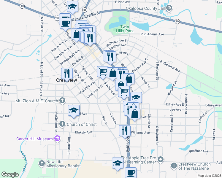 map of restaurants, bars, coffee shops, grocery stores, and more near 197 Bowers Avenue West in Crestview