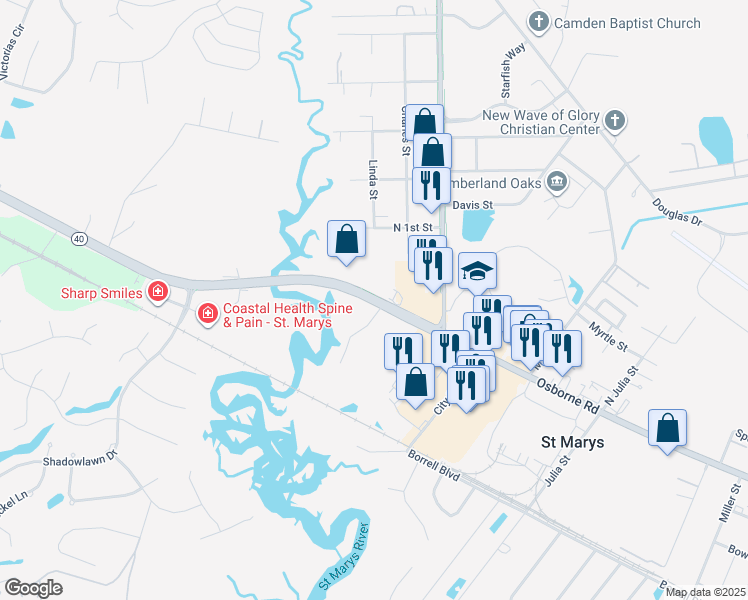 map of restaurants, bars, coffee shops, grocery stores, and more near 2714 Osborne Road in Saint Marys