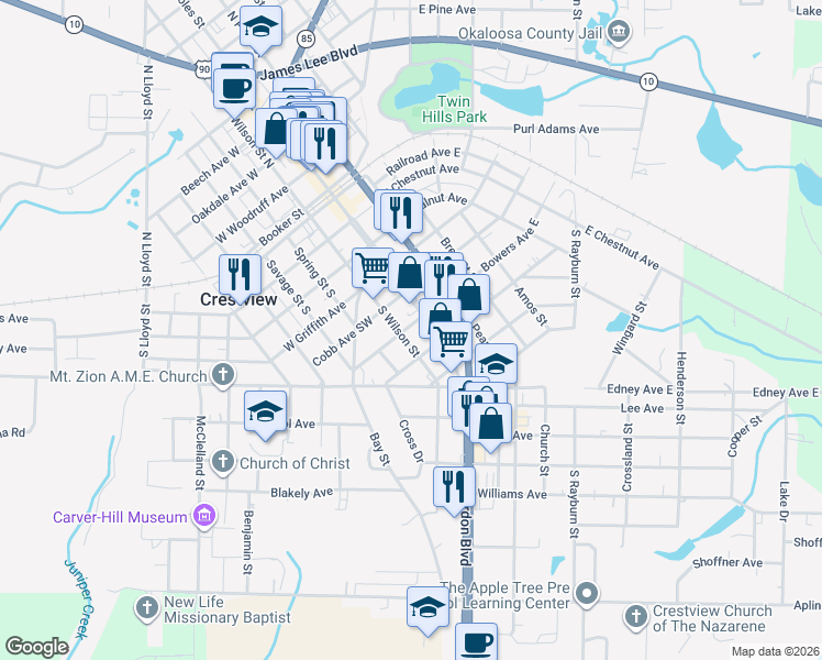 map of restaurants, bars, coffee shops, grocery stores, and more near 197 Bowers Avenue West in Crestview