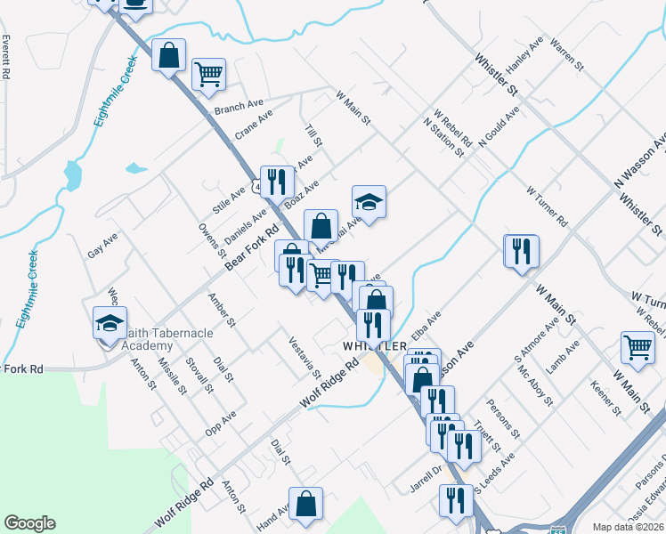 map of restaurants, bars, coffee shops, grocery stores, and more near 3425 Kay Street in Mobile