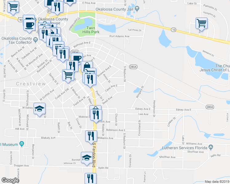 map of restaurants, bars, coffee shops, grocery stores, and more near 880 Amos Street in Crestview