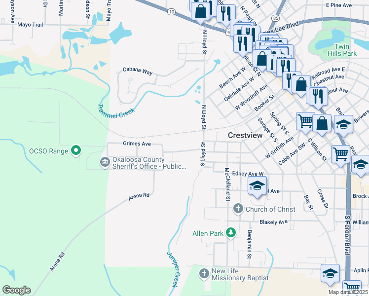 map of restaurants, bars, coffee shops, grocery stores, and more near 1050 Martin Luther King Junior Avenue in Crestview