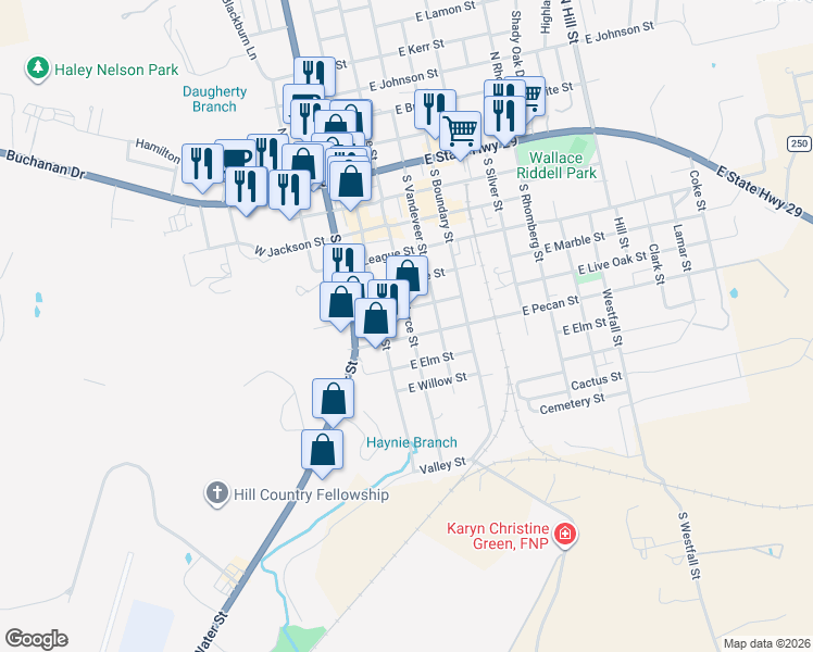 map of restaurants, bars, coffee shops, grocery stores, and more near 609 South Main Street in Burnet