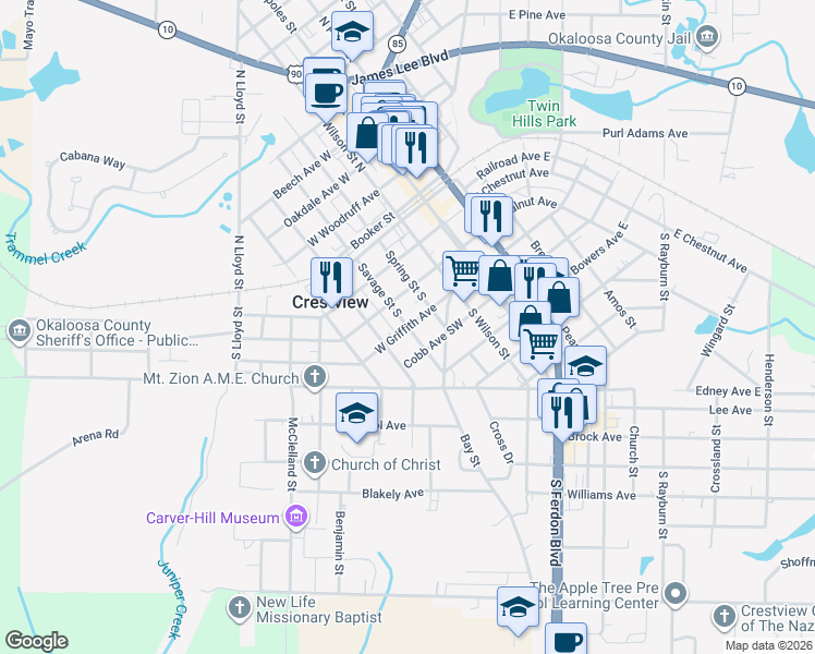 map of restaurants, bars, coffee shops, grocery stores, and more near 398 West Griffith Avenue in Crestview