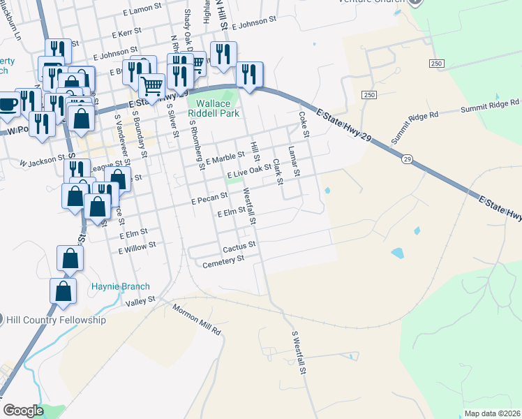 map of restaurants, bars, coffee shops, grocery stores, and more near 808 East Willow Street in Burnet