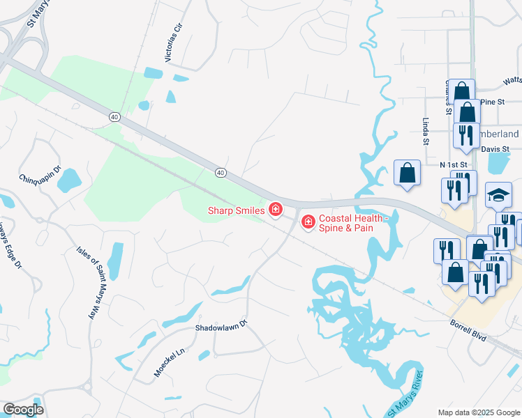 map of restaurants, bars, coffee shops, grocery stores, and more near 4019 Georgia 40 in St. Marys