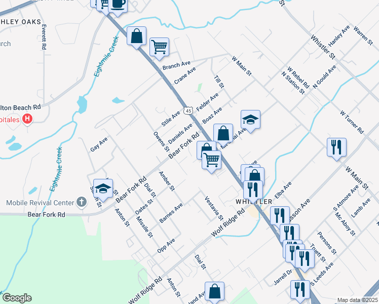 map of restaurants, bars, coffee shops, grocery stores, and more near 1710 Maglee Avenue in Mobile