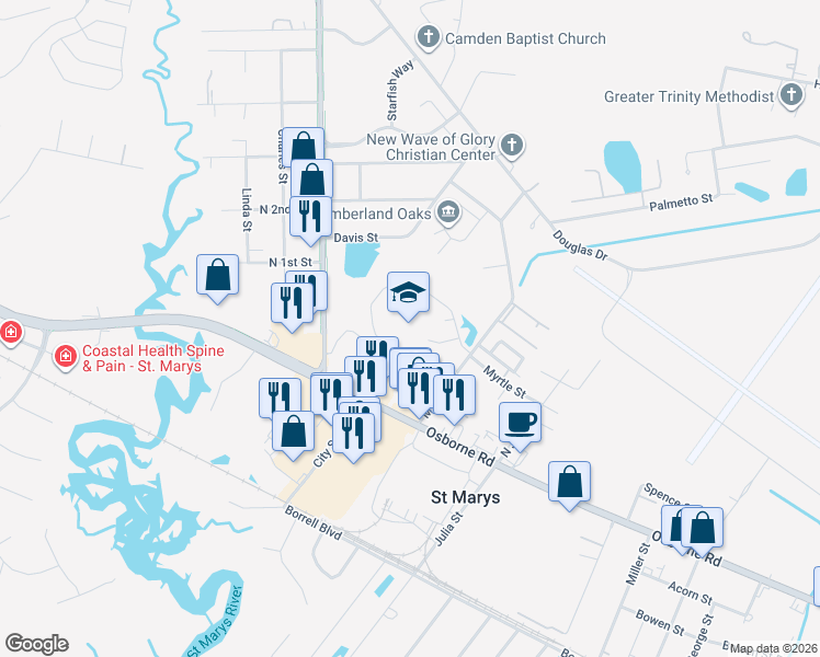 map of restaurants, bars, coffee shops, grocery stores, and more near 205 Martha Drive in St. Marys