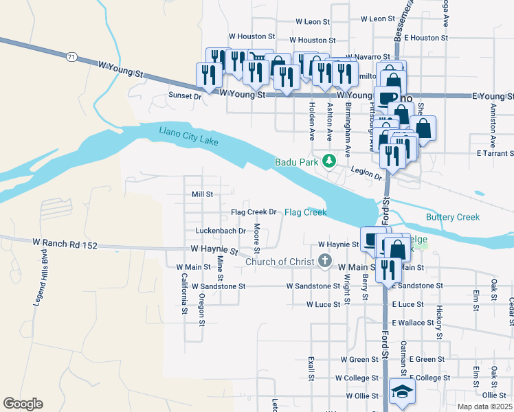 map of restaurants, bars, coffee shops, grocery stores, and more near 713 Flag Creek Drive in Llano