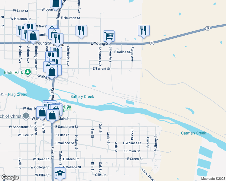 map of restaurants, bars, coffee shops, grocery stores, and more near 533 East Burnet Street in Llano
