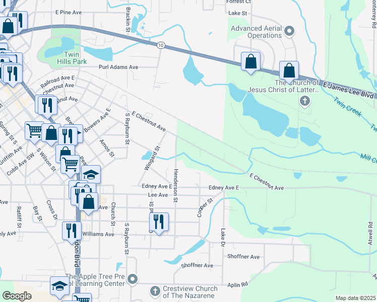 map of restaurants, bars, coffee shops, grocery stores, and more near 1019 East Chestnut Avenue in Crestview