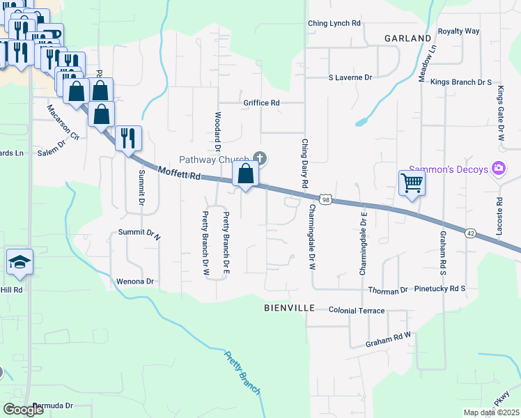 map of restaurants, bars, coffee shops, grocery stores, and more near 4661 Crabtree Lane East in Mobile