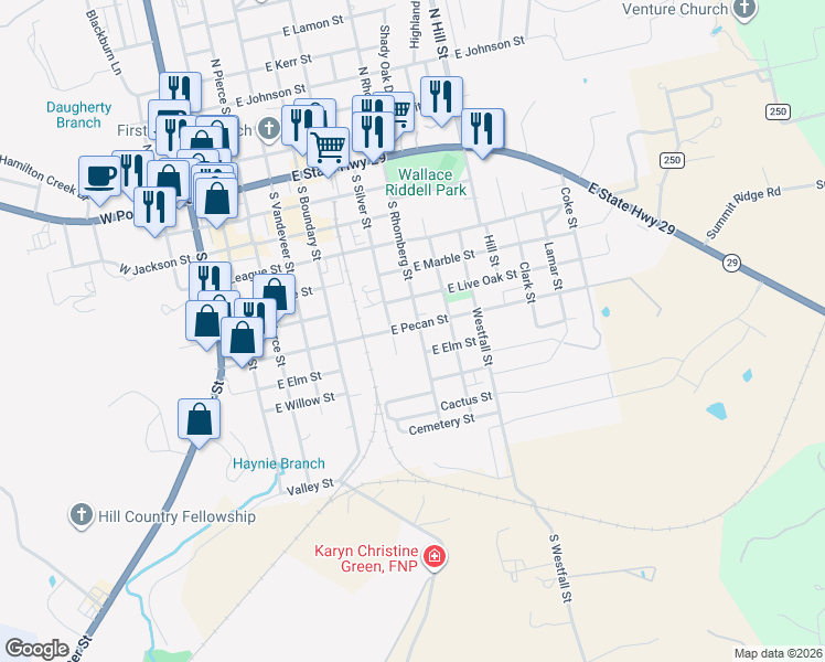map of restaurants, bars, coffee shops, grocery stores, and more near 605 South Rhomberg Street in Burnet
