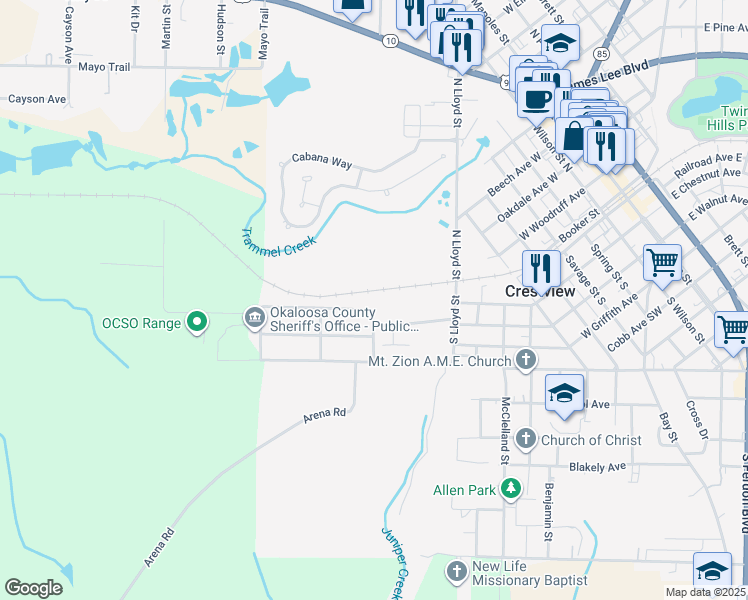 map of restaurants, bars, coffee shops, grocery stores, and more near 102 Grimes Avenue in Crestview