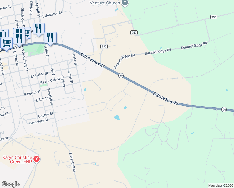 map of restaurants, bars, coffee shops, grocery stores, and more near Route 29 in Burnet