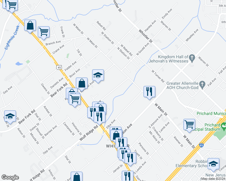 map of restaurants, bars, coffee shops, grocery stores, and more near 719 Opp Avenue in Mobile