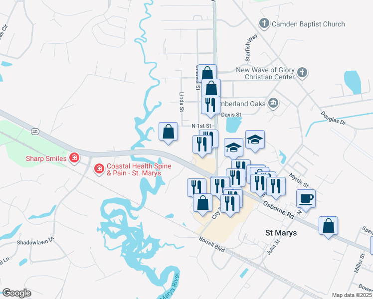 map of restaurants, bars, coffee shops, grocery stores, and more near 2714 Osborne Road in Saint Marys