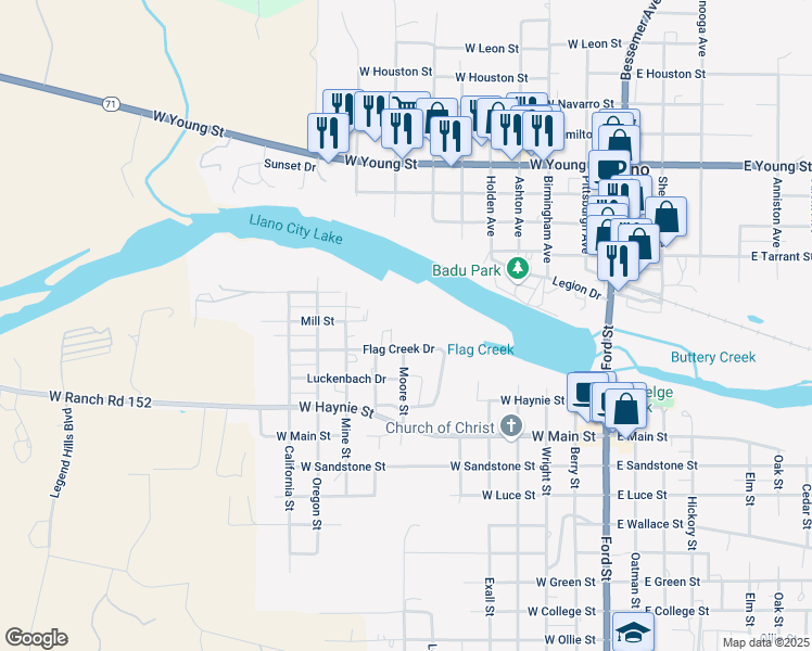 map of restaurants, bars, coffee shops, grocery stores, and more near 713 Flag Creek Drive in Llano
