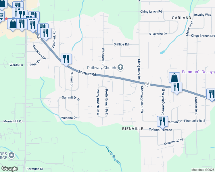 map of restaurants, bars, coffee shops, grocery stores, and more near 3030 Pretty Branch Drive West in Mobile