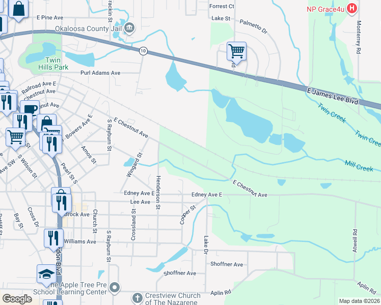 map of restaurants, bars, coffee shops, grocery stores, and more near 1026 East Chestnut Avenue in Crestview