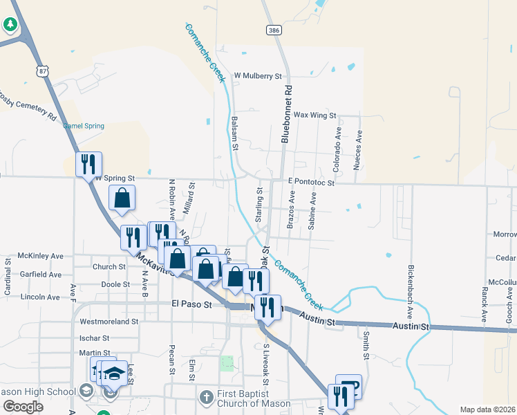 map of restaurants, bars, coffee shops, grocery stores, and more near 216 West Mesquite Street in Mason