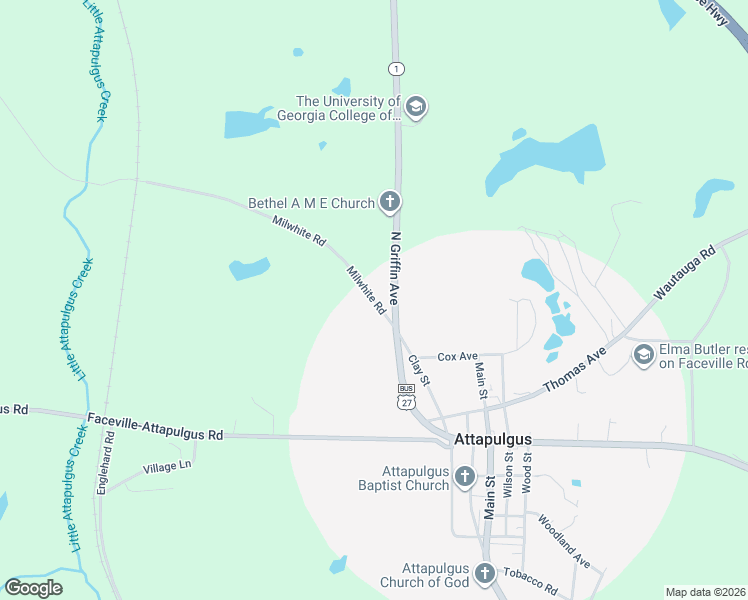 map of restaurants, bars, coffee shops, grocery stores, and more near Milwhite Road in Attapulgus
