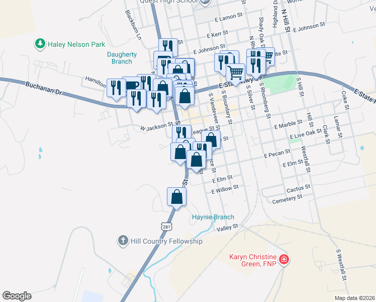 map of restaurants, bars, coffee shops, grocery stores, and more near 503 South Water Street in Burnet