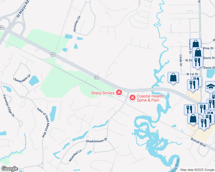 map of restaurants, bars, coffee shops, grocery stores, and more near 1447 Georgia 40 in St. Marys