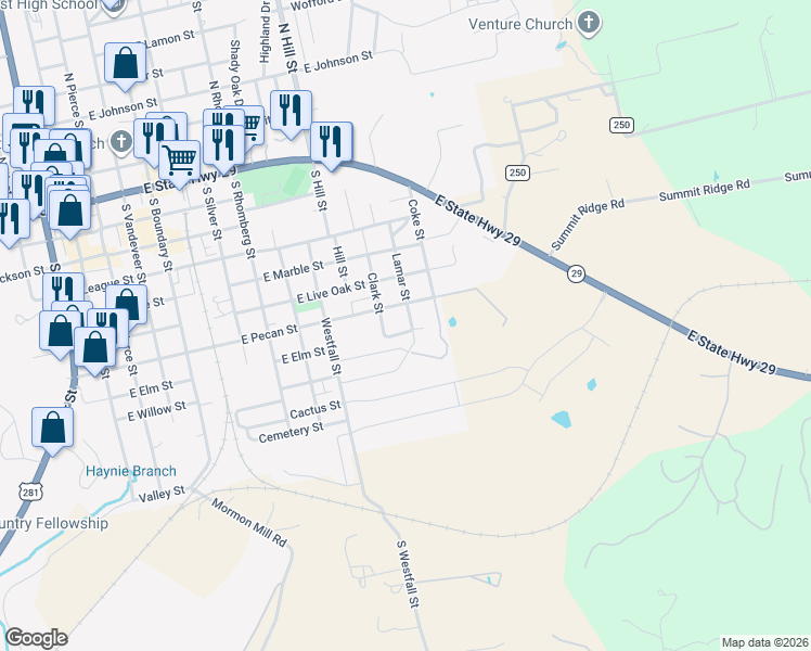 map of restaurants, bars, coffee shops, grocery stores, and more near 1106 East Elm Street in Burnet
