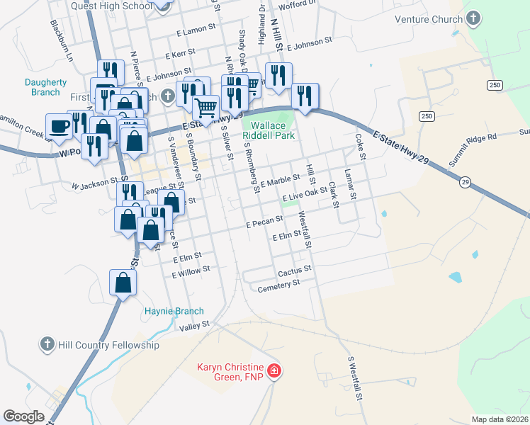 map of restaurants, bars, coffee shops, grocery stores, and more near 605 South Rhomberg Street in Burnet