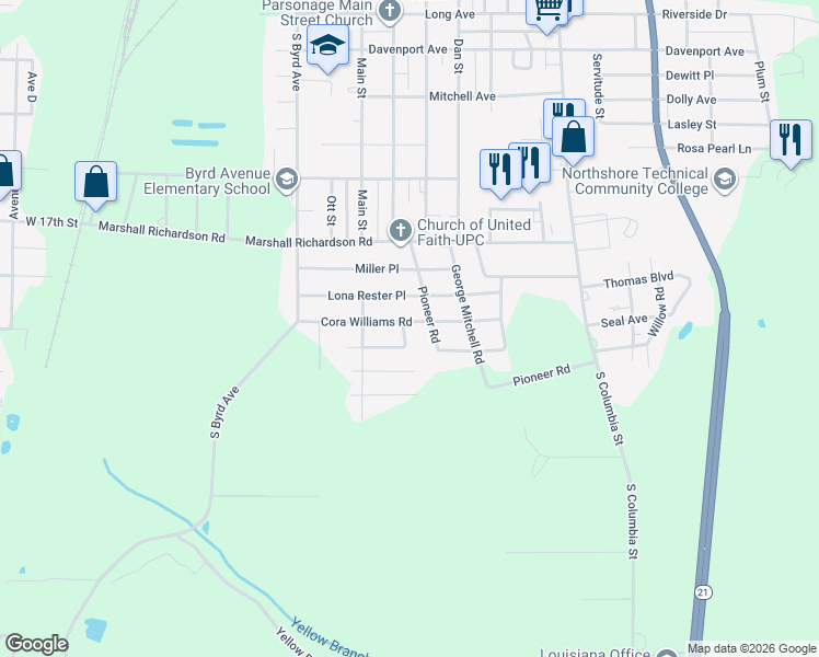 map of restaurants, bars, coffee shops, grocery stores, and more near 1032 Cora Williams Road in Bogalusa