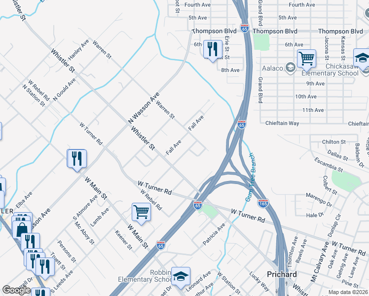 map of restaurants, bars, coffee shops, grocery stores, and more near 347 North Leeds Avenue in Prichard