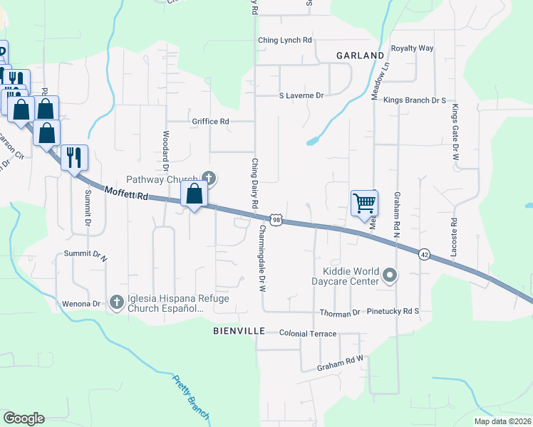 map of restaurants, bars, coffee shops, grocery stores, and more near 7070 Moffett Road in Mobile